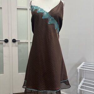Vintage blue and brown polkadot slip dress with lace trim!